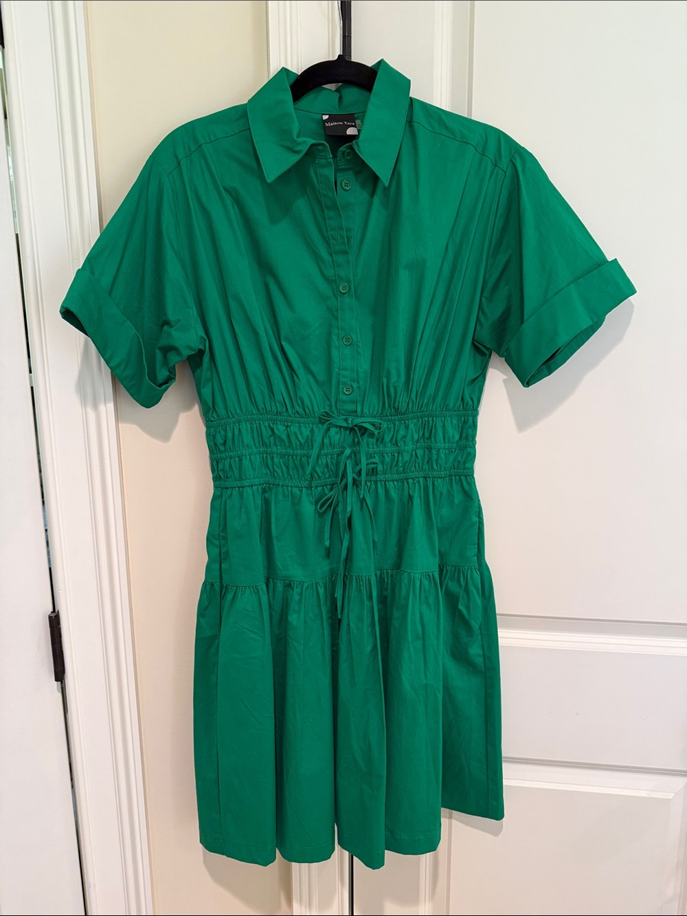 Green Button-Front Shirt Dress with Tie Cinch Waist